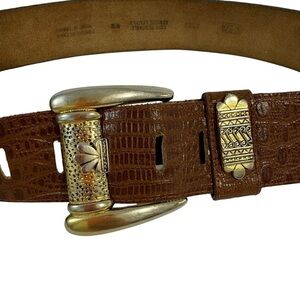 Vintage Leather Wide Accent Belt Sz M Brown Gold Toned Buckle Faux Croc Reptile